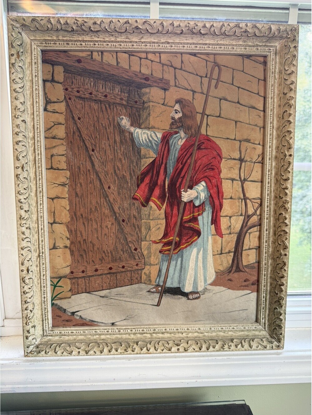 Vintage Jesus Knocking at Door Framed Christian Lithograph in Ornate Frame